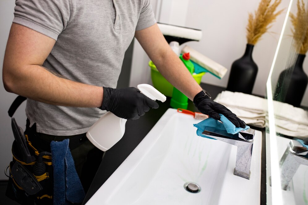 Person cleaning restroom sink with cleaner